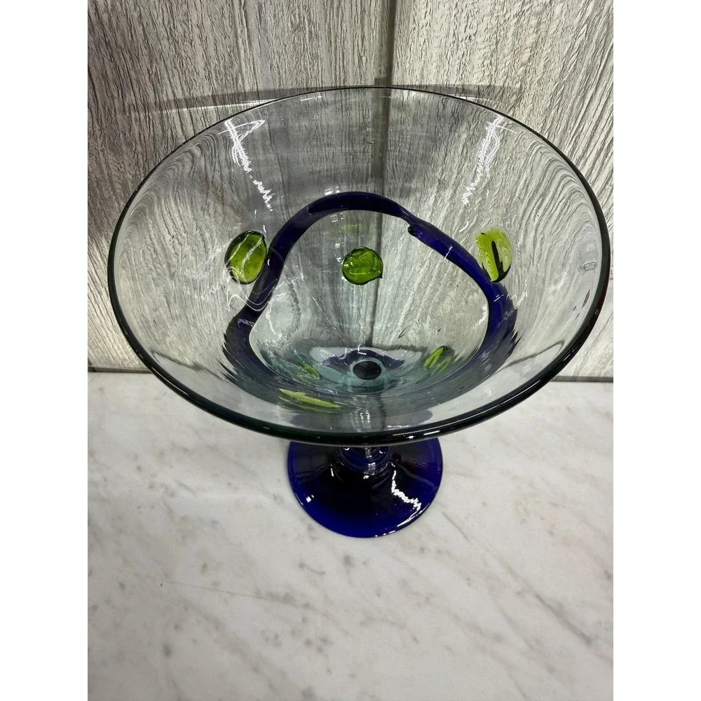 Hand Blown Recycled Glass Margarita Glass Cobalt Blue Spiral Green Dots Mexico